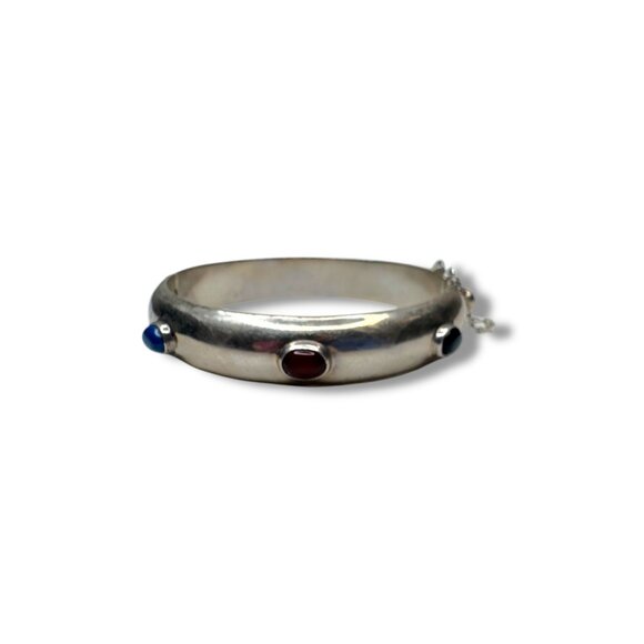 Mexican Sterling Gemstone Bangle TR-131 Hinged 925 Onyx Lapis Garnet - Picture 4 of 6